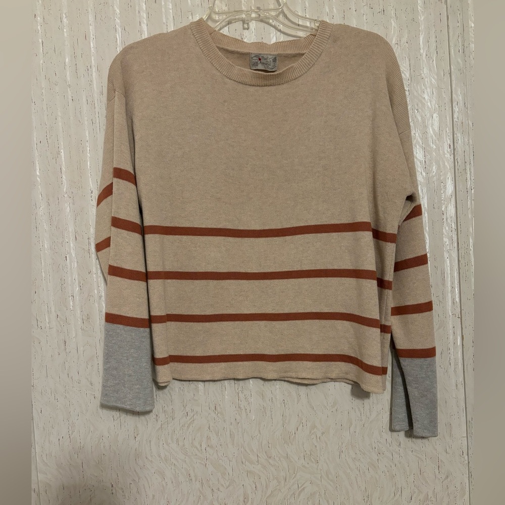Striped Beige Sweater with Rust and Gray Accents